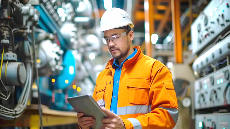 Arbeiter mit Helm und Tablet in einer Fabrikhalle